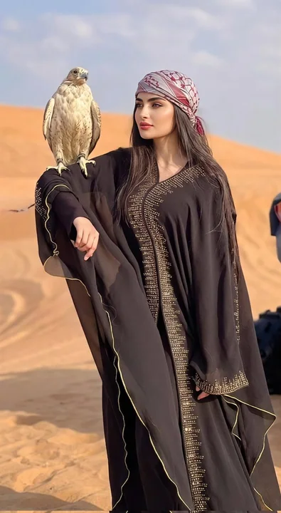 砂漠ファッションの貴婦人とハヤブサ