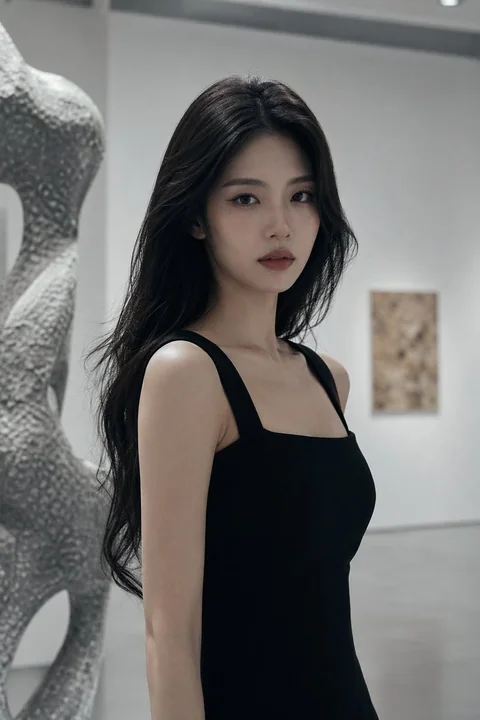Cold beauty in black dress girl gazes at art exhibition