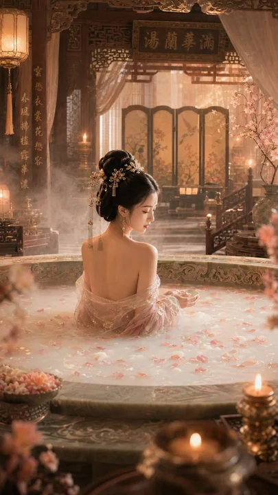 Ancient-style beautiful woman's luxurious milk bath