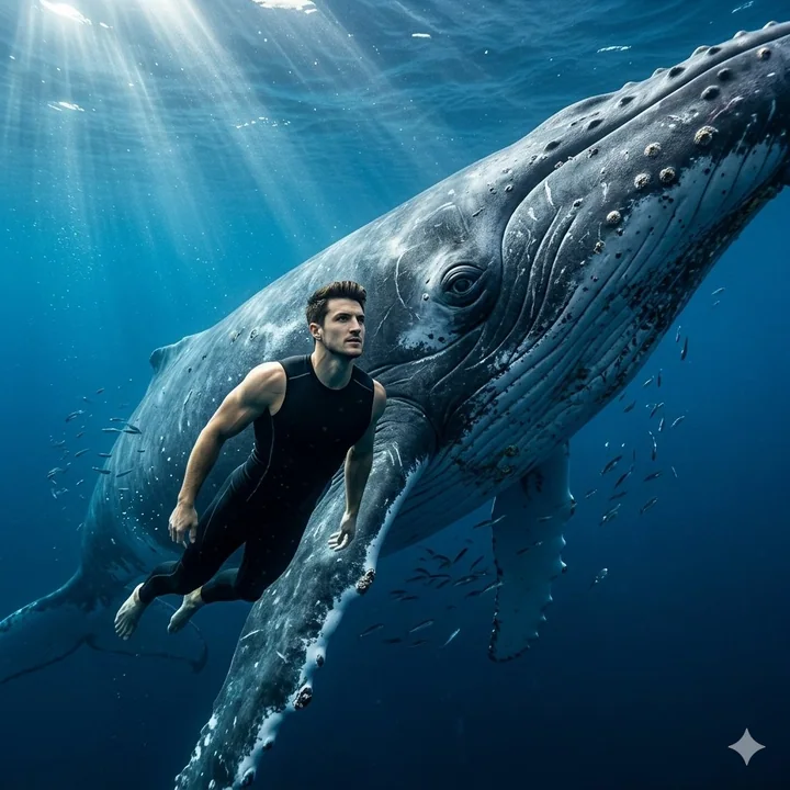 Le jeune homme qui navigue avec la baleine géante