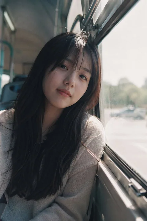 Japanese Film Girl by the Bus Window