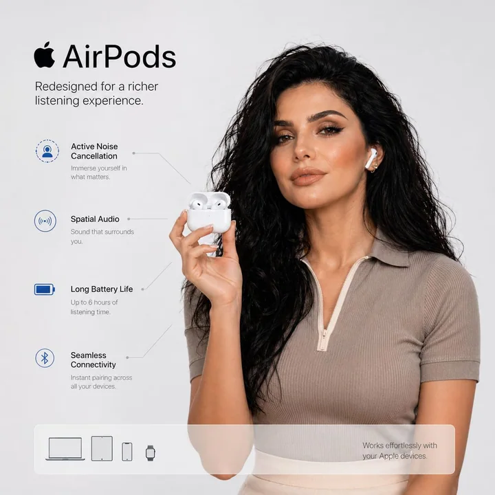 ミニマルなアップルスタイルのイヤホン製品の広告