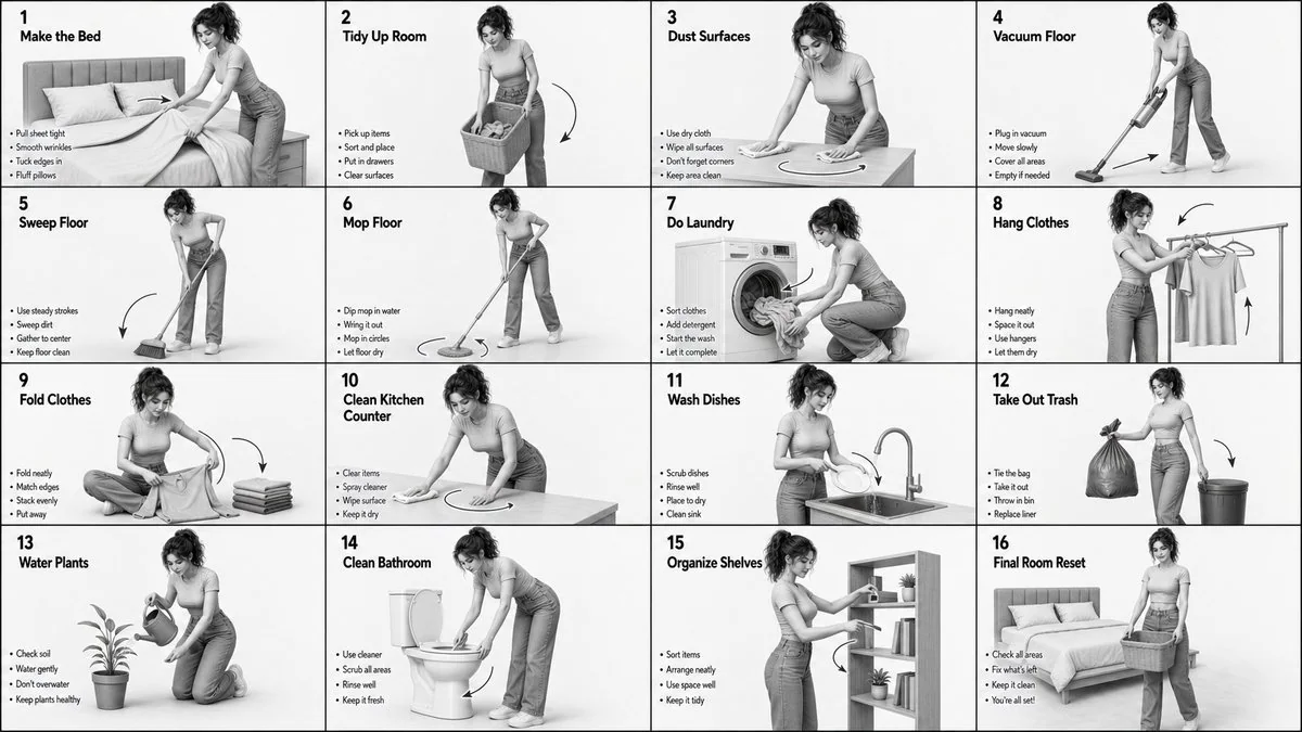 Family chores 4x4 grayscale storyboard