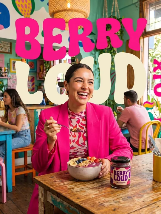 A vibrant food advertisement for the colorful café