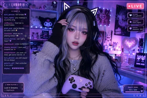ネオンの雰囲気が漂う、eスポーツ系美少女のライブ配信ルームの写実的な描写