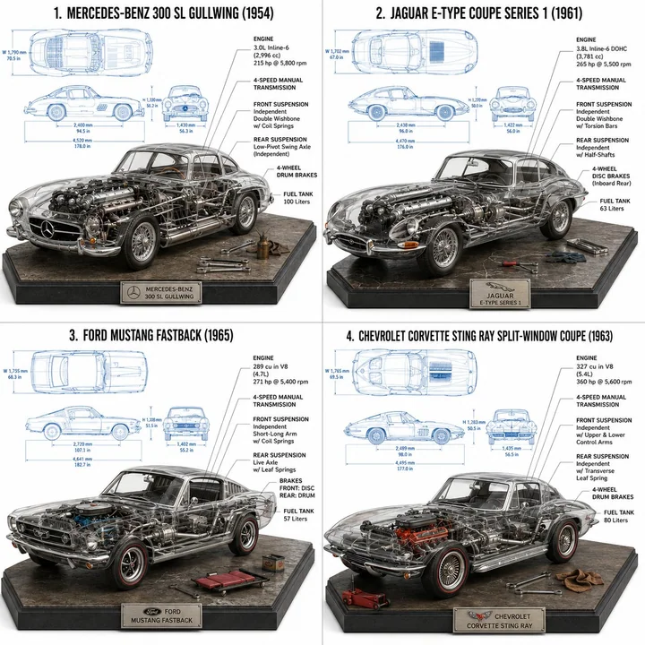 Rendu en coupe et en perspective de la déconstruction mécanique d’une voiture classique de collection
