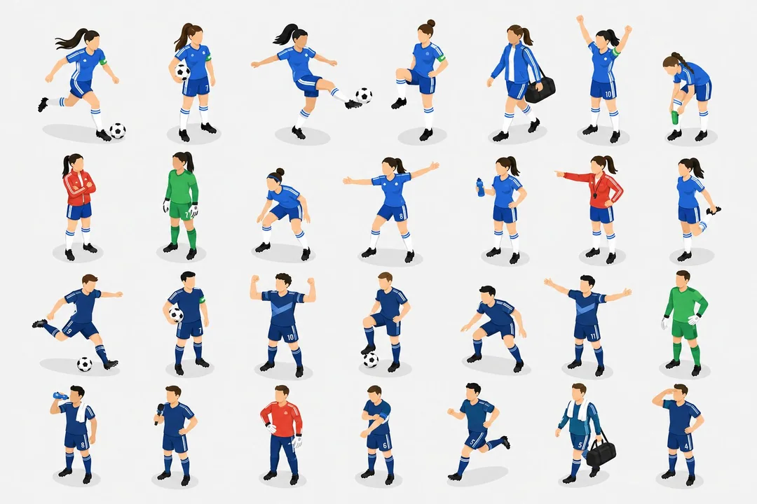 لوحة أوضاع شخصية لاعب كرة قدم متجهية بسيطة للغاية بمنظور متساوي القياس