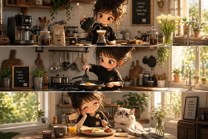 Bande dessinée en trois cases du quotidien matinal apaisant d’une jeune fille en style chibi