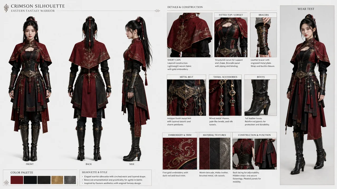 Eastern fantasy female warrior costume disassembly design drawing