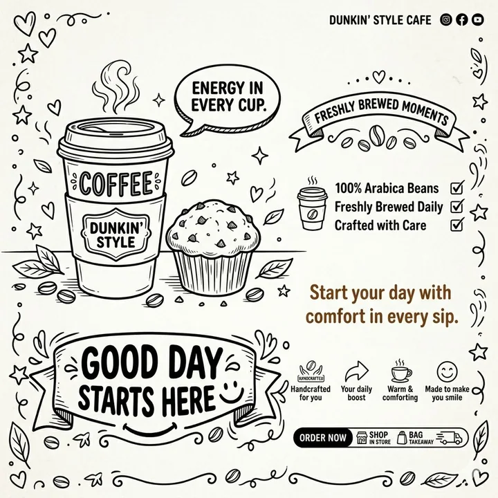 Coffee shop black-and-white hand-drawn line-style advertising poster