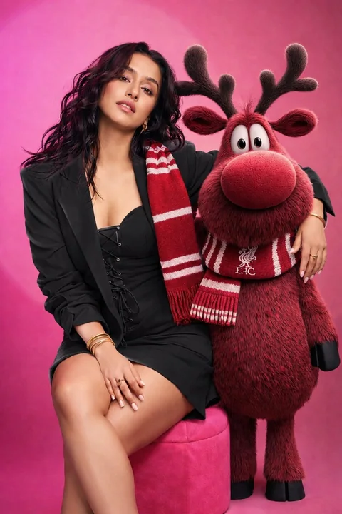 Studio portrait of a woman in a pink suit and an anthropomorphic reindeer
