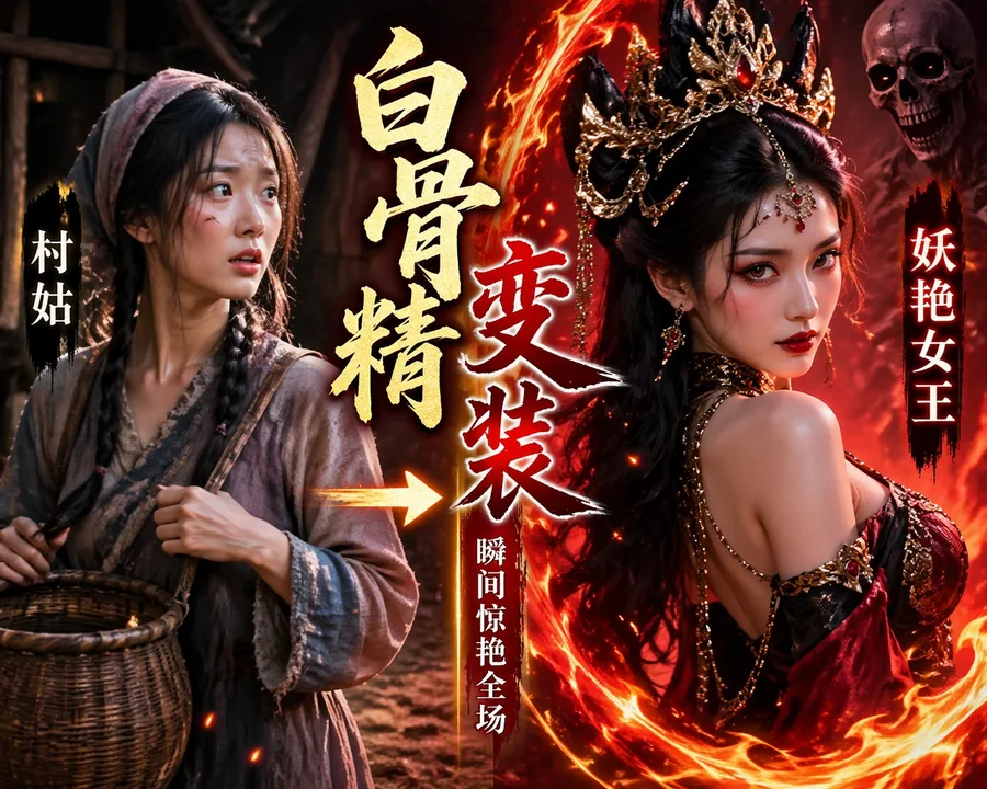 White Bone Spirit changing costume from a village girl into a seductive queen with flame effects