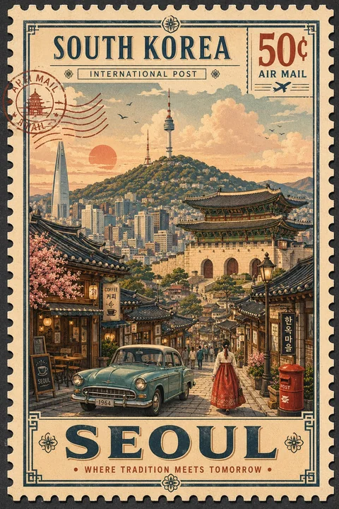 Vintage nostalgic stamp-style travel illustration prompt words