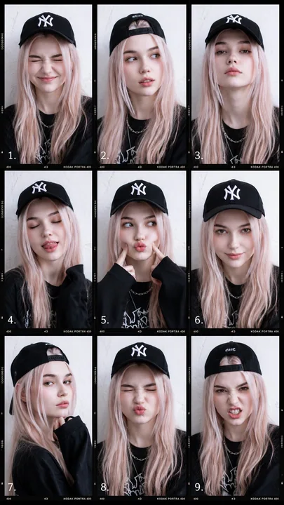 酷くてクールなストリートスタイルの少女の九分割ファッションポートレート写真