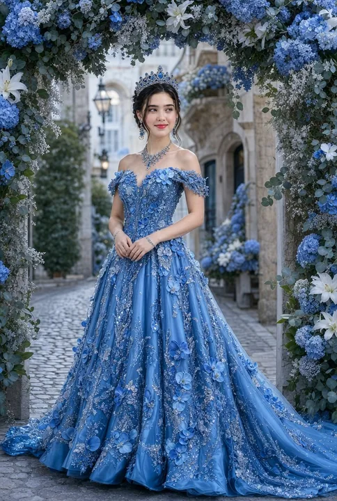 A portrait beneath an azure silk gown and a floral archway