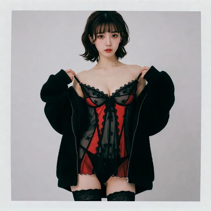 Elegant Japanese and Korean female portrait in a black plush coat