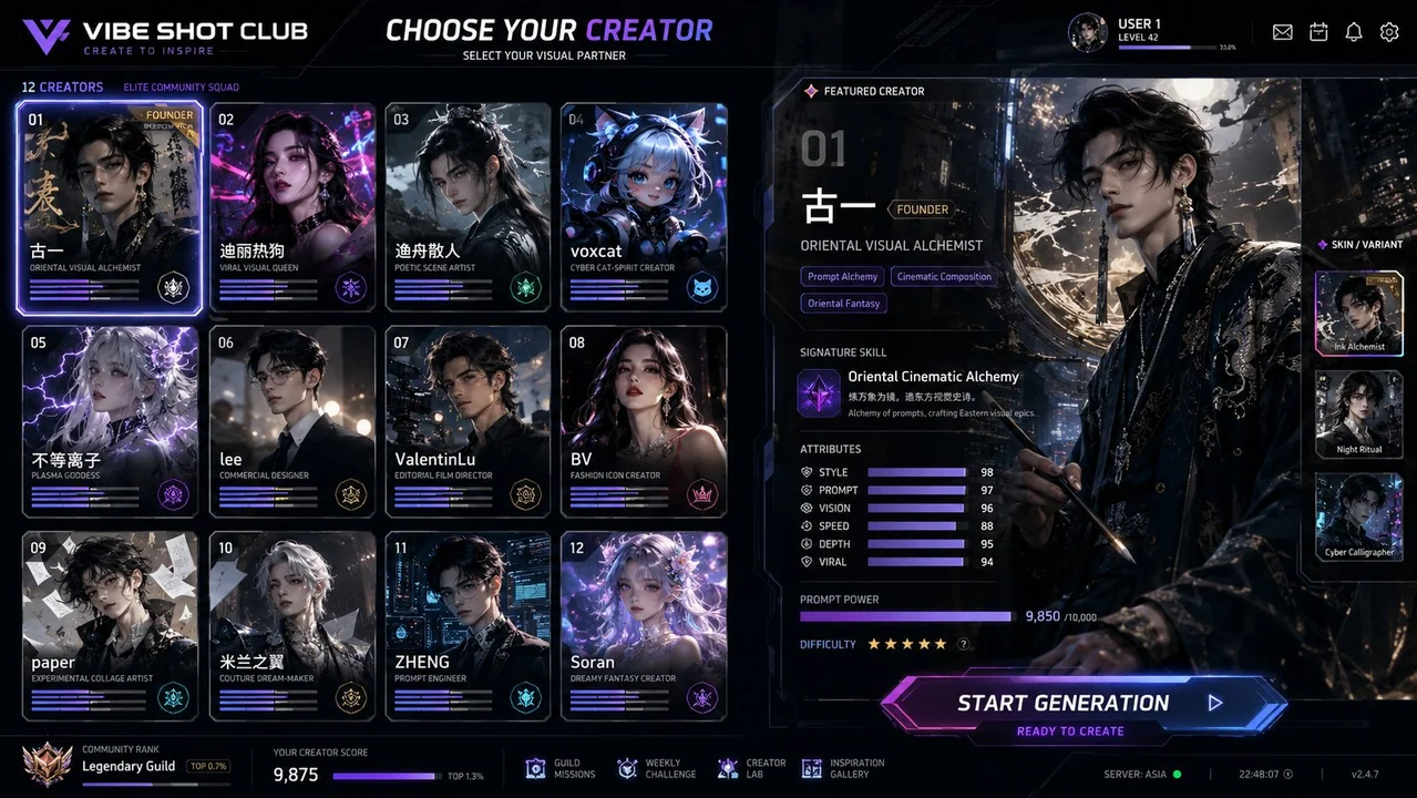 VIBE SHOT CLUB Advanced Creator Selection Interface