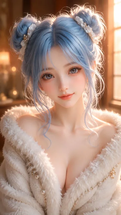 東方幻想系の甘い雰囲気を持つ青髪で毛皮のショールをまとった少女