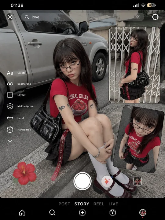 Street collage-style red strawberry T-shirt Y2K girl