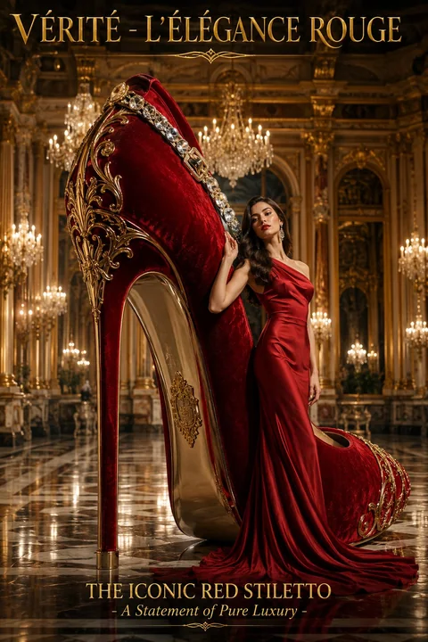 Luxury fashion poster featuring giant red velvet high heels