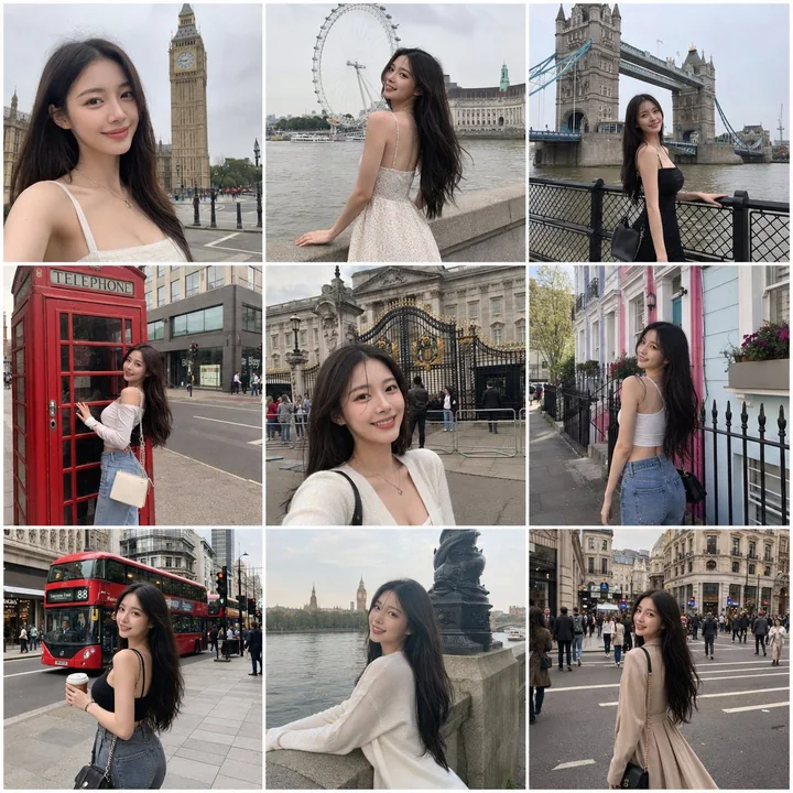 韓国の美女のロンドン旅行の断片、9分割グリッド写真用プロンプト