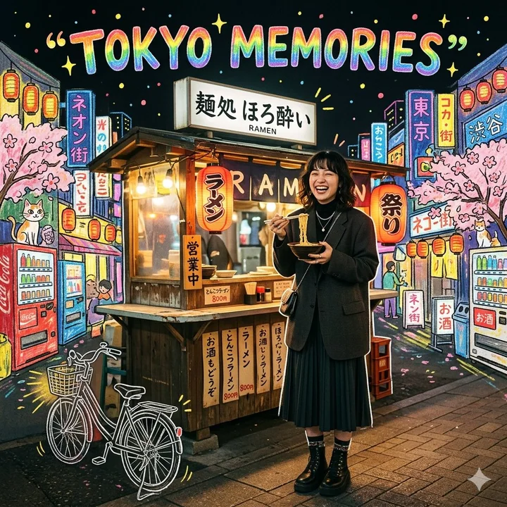 東京の夜のファッショナブルな少女とクレヨンの手描き背景