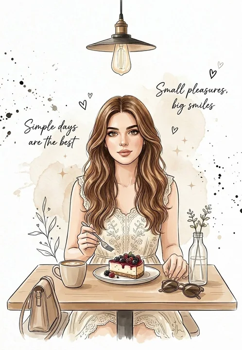 Healing watercolor fashion illustration in a café