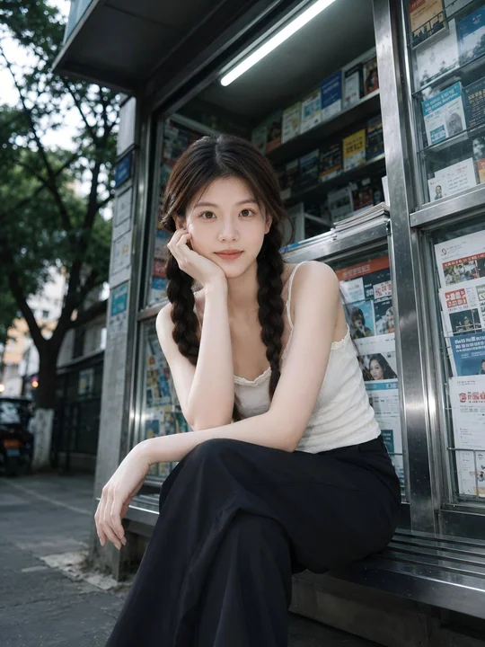 Urban street newsstand, minimalist girl, realistic street photography