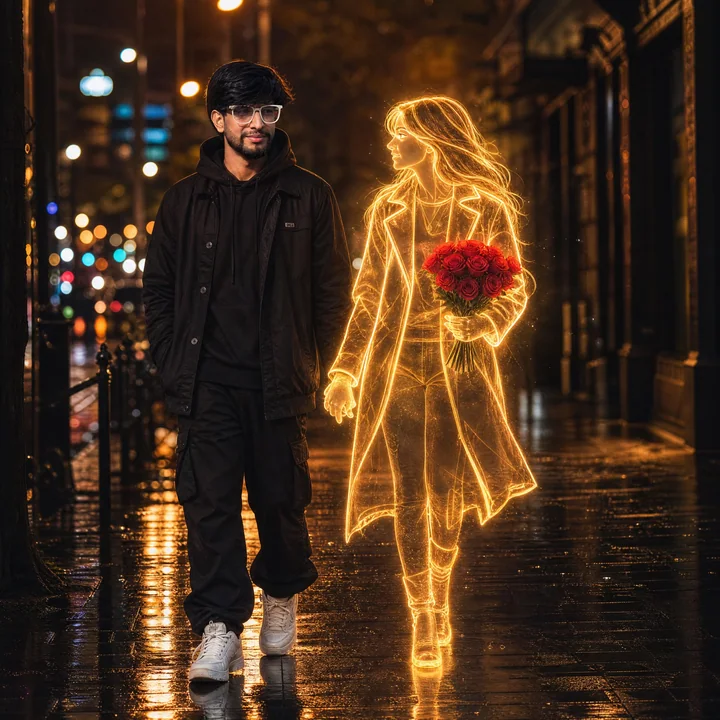 A man holding hands with a glowing holographic woman on a rainy night street
