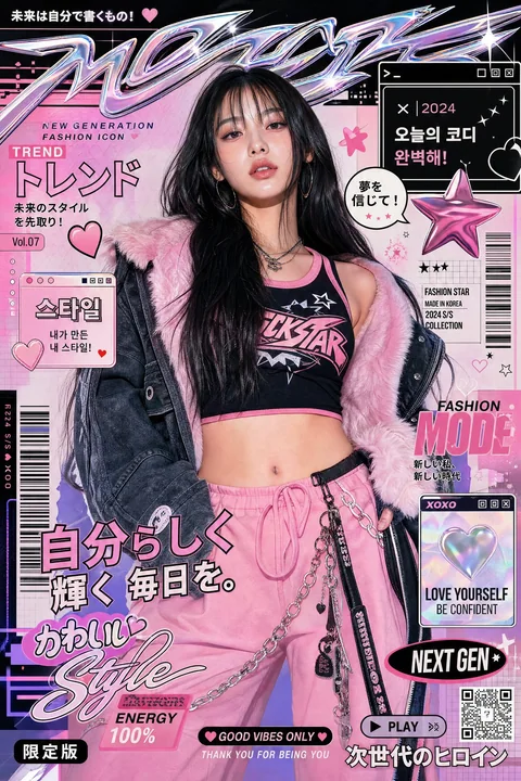 非常にスタイライズされたアジア人女性のラグジュアリーでファッショナブルなY2Kポスター