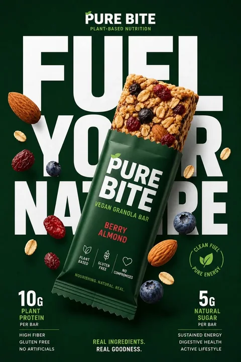 Affiche de snacks sains haut de gamme de grande consommation, au style minimaliste moderne