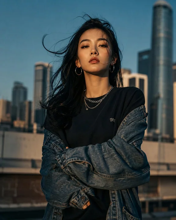 Portrait of a fashionable East Asian woman against a city skyline