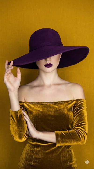 Golden velvet dress, purple wide-brimmed hat, fashionable portrait
