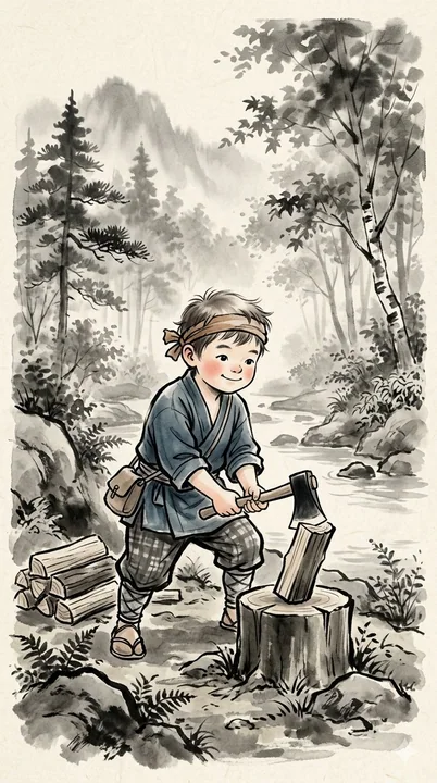Japanese ink-wash hand-drawn forest whimsical children's illustration