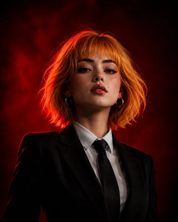 Red and black atmosphere, blonde woman in a suit, powerful career woman, cinematic portrait
