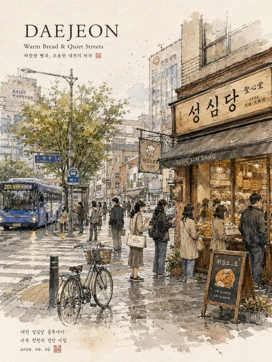 Healing Korean street-scene watercolor travel journal illustration