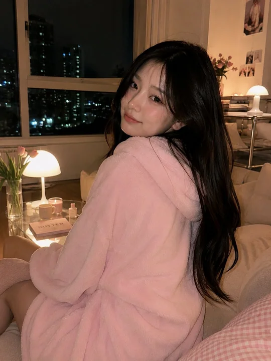 韩系深夜温馨居家粉色卫衣少女