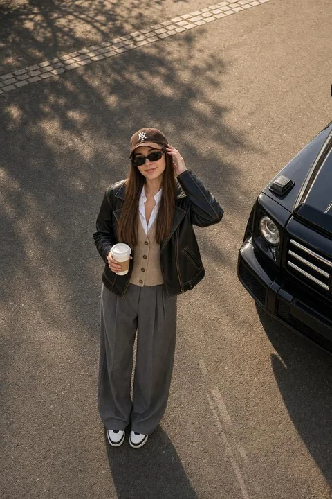 Vue en plongée, style éditorial, street style avec une veste en cuir tendance