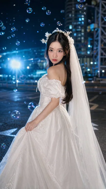 Cinematic urban nightscape, girl in a white wedding dress, bubbles, portrait