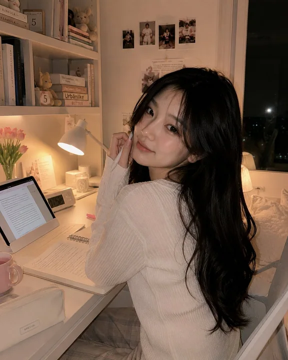 奶油色调韩系少女深夜书房温馨写真