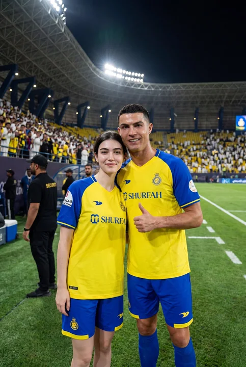 Portrait of a female fan posing with Cristiano Ronaldo on a football field