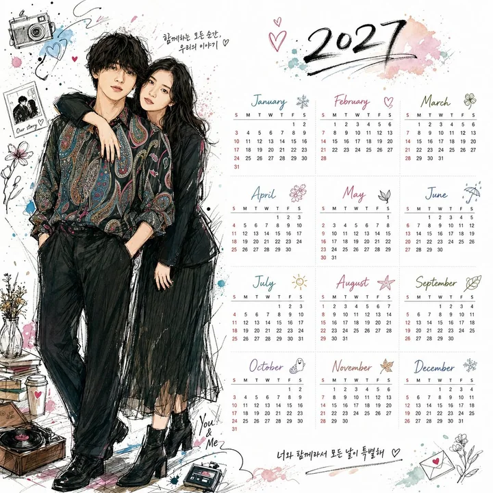 Calendrier de bureau annuel 2027 de style graffiti coréen