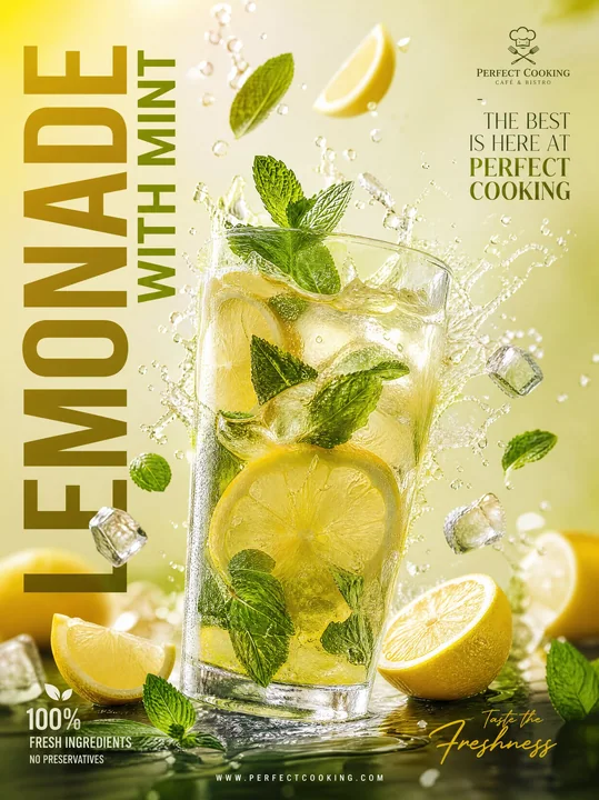 Minimalist luxurious lemon mint beverage commercial poster design