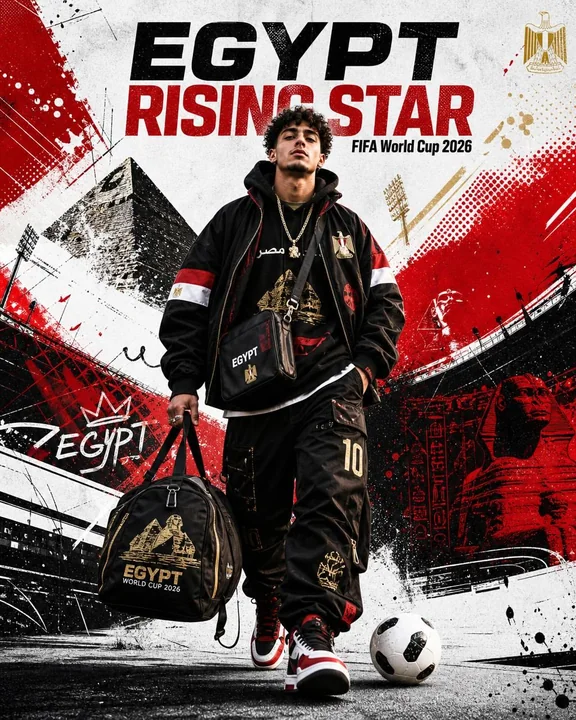 2026 World Cup football poster, Egyptian rising star, trendy sports style