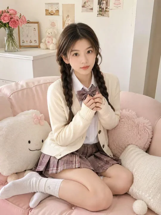 Portrait de jeune fille dans un style campus japonais, avec deux queues de cheval, en intérieur