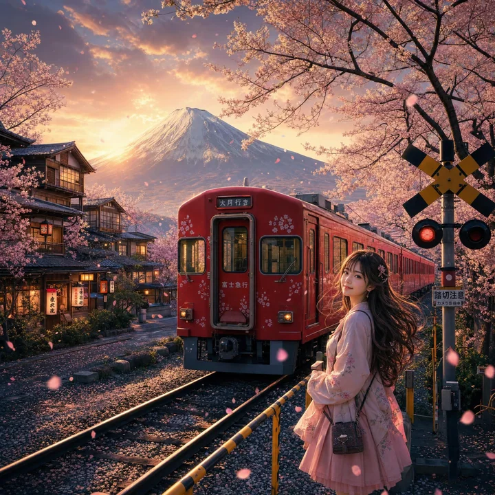 樱花季里富士山下的红色列车与少女