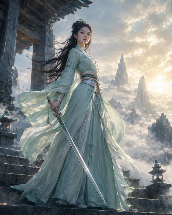 A white-robed immortal swordswoman cultivator before the mountain gate amid a sea of clouds