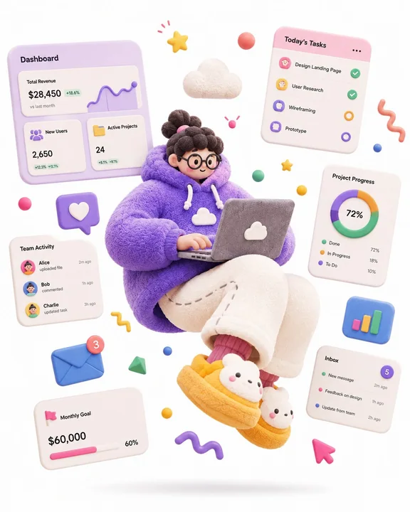3D-иллюстрация дизайнера SaaS в дофаминовом пластилиновом стиле