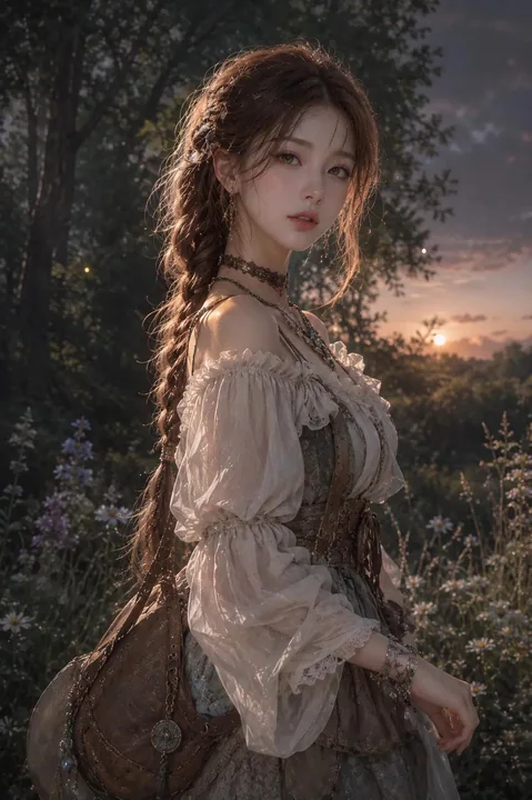 韩国少女在暮色森林中编发