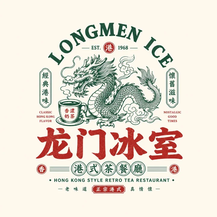 国潮复古餐饮徽章标志设计提示词